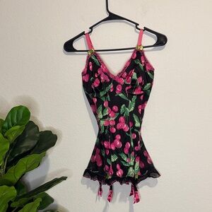 Victoria's Secret pink Cherry Print lingerie with garters